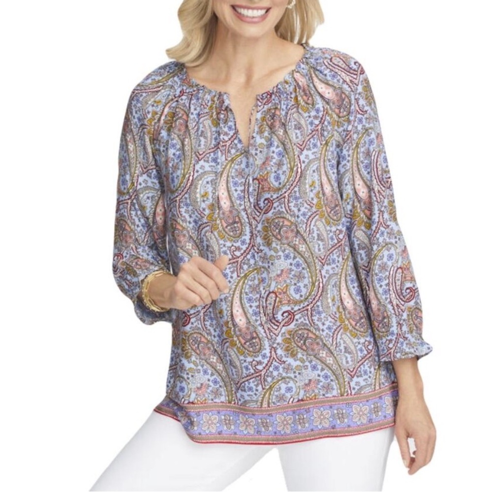 Talbots Blue Paisley Floral Peasant Blouse Top 2X Boho Lagenlook Flowy Resort